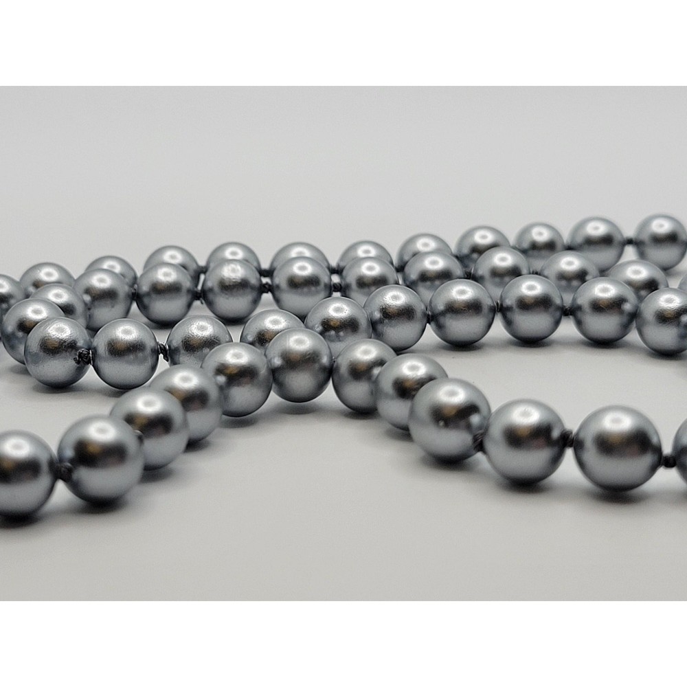 Vintage Glass Faux Pearl Necklace Pewter Silvery Gray Beads Hand Knotted 20.5″