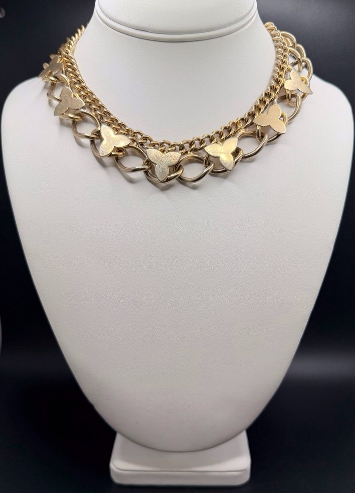 Vintage Gold Tone Chunky Chain Choker Necklace Abstract Flower Accents 16.5” Adj