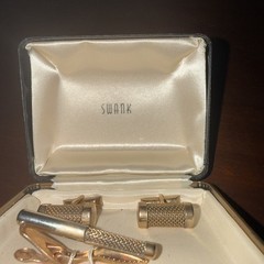 Vintage Swank Cufflink/Tie Bar Set Gold Tone cylindrical Art Deco Original Box
