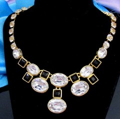 VTG RUNWAY MONET BLACK RHINESTONE HEADLIGHT OVAL CRYSTAL NECKLACE GP YSL ERA