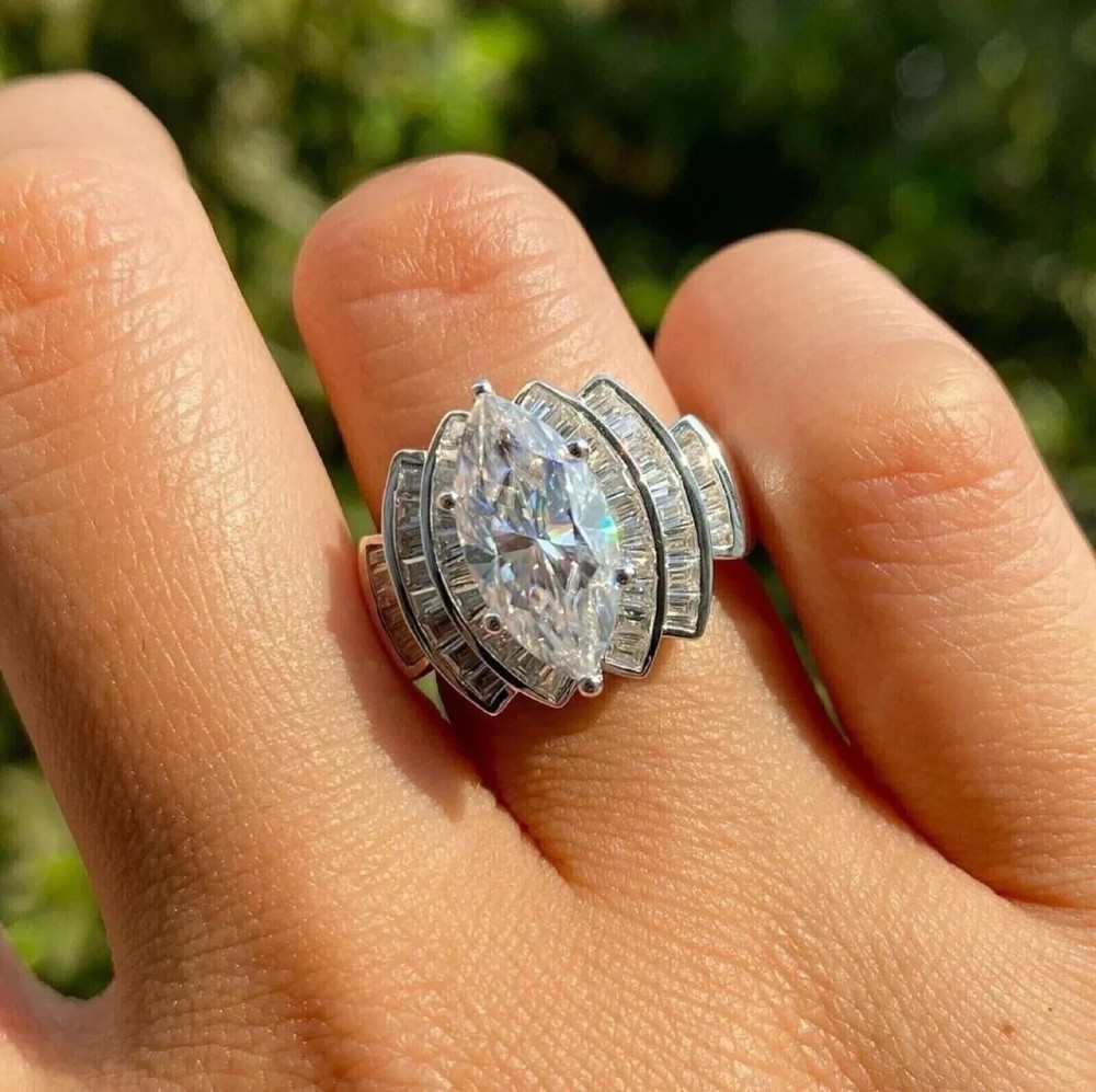 Art Deco Style Marquise Cut Lab-Grown Diamond 14K White Gold FN Engagement Ring
