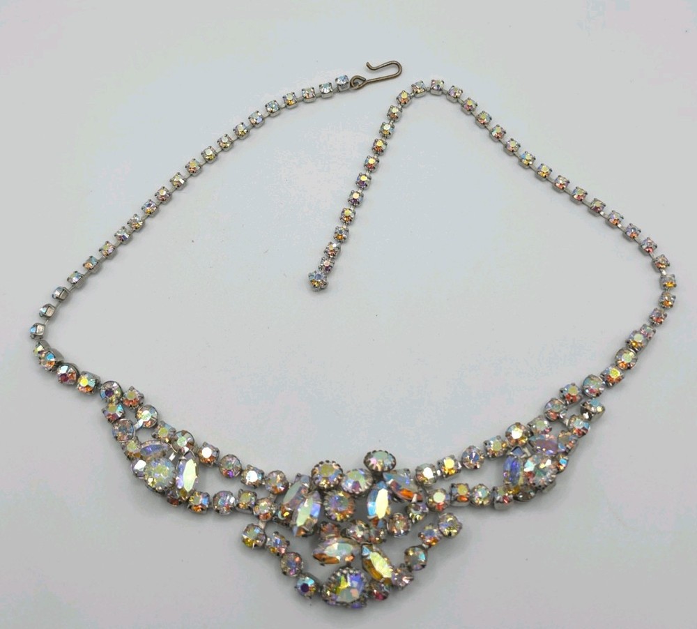 VTG Aurora Borealis Rhinestone Bib Necklace Multi Tier Choker Statement