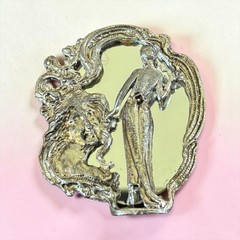 Art Nouveau Lady Mirror Brooch Silver Tone Vanity Beauty Pin