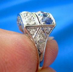 Original EARTH MINED DIAMOND SAPPHIRE Deco Statement Ring PLATINUM Filigree Band