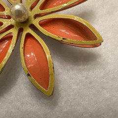 Vintage Mod Flower Brooch Pin Orange Yellow Faux Pearl Center 2.5in