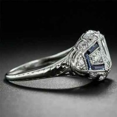 Art Deco 1.8Ct Princess Lab Created Diamond & Sapphire 925 Silver Wedding Ring