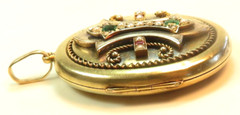 Victorian 1800’s 2 Picture Engraved Locket 19/13K Yellow Gold Emerald Ruby Pearl