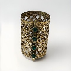 Vintage Scarf Slide Tube Gold Tone Green Color Rhinestones Open Work Filigree