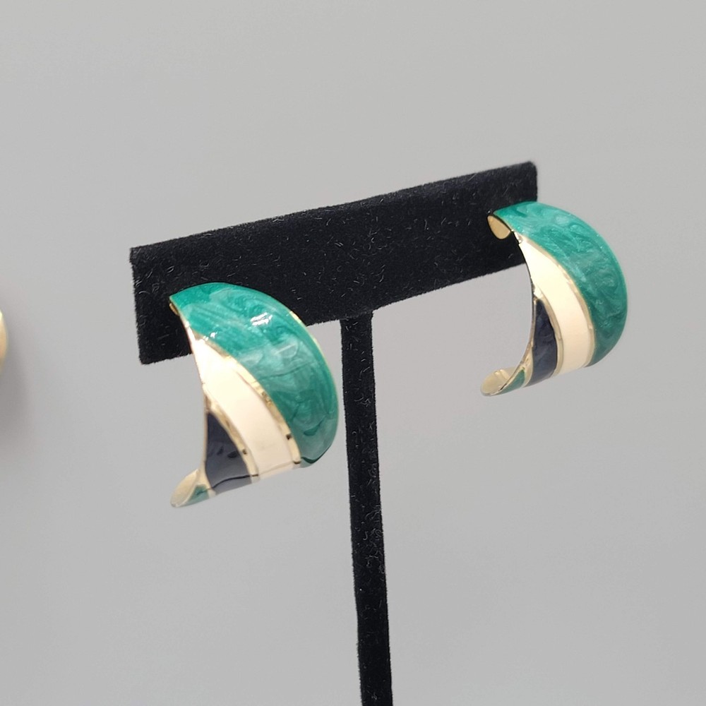 Vintage Green Blue White Enamel Wide Hoop Pierced Earrings Gold tone Drop 1″