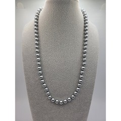 Vintage Glass Faux Pearl Necklace Pewter Silvery Gray Beads Hand Knotted 20.5″