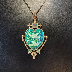 Vintage European Heart Enamel Necklace Unique Dove Inlay Retro Pendant Jewelry
