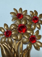 Vintage flower brooch gold tone C Clasp stamped brass red stones prong set