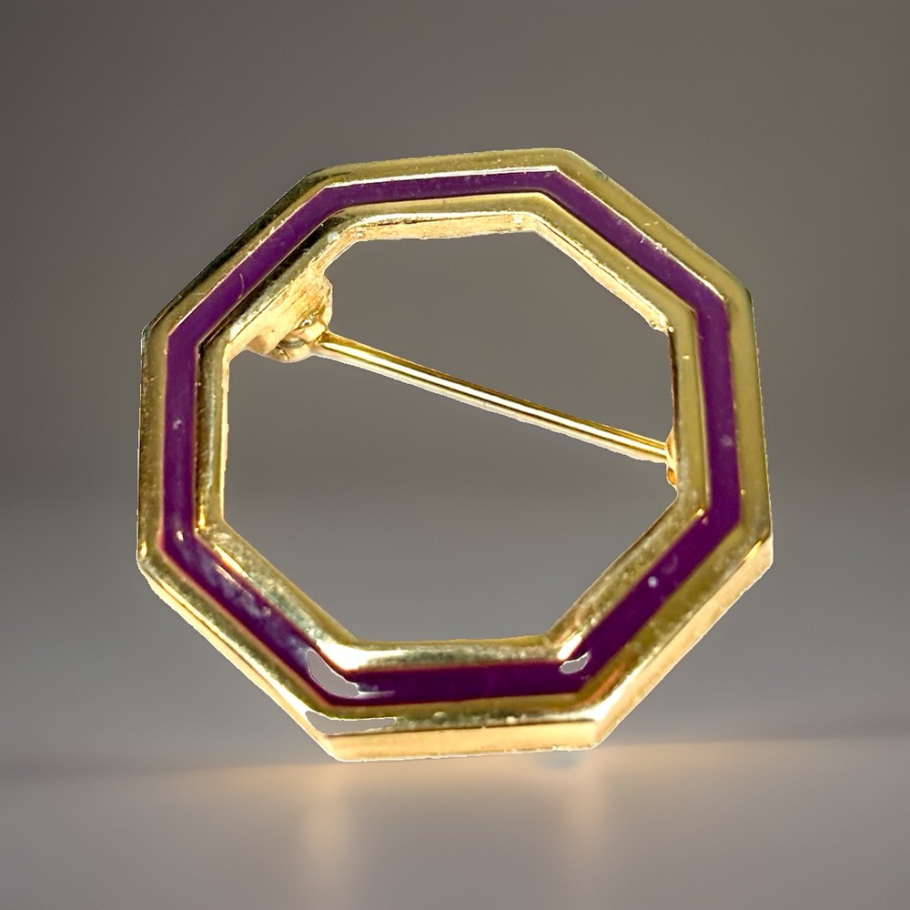 Vtg Gold Tone Purple Enamel Octagon Brooch Pin Open Geometric Scarf Slide Retro