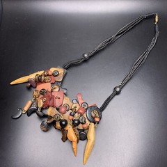 Wooden Parrot Bib Statement Necklace Beaded Cluster Coconut Shell Boho Vintage
