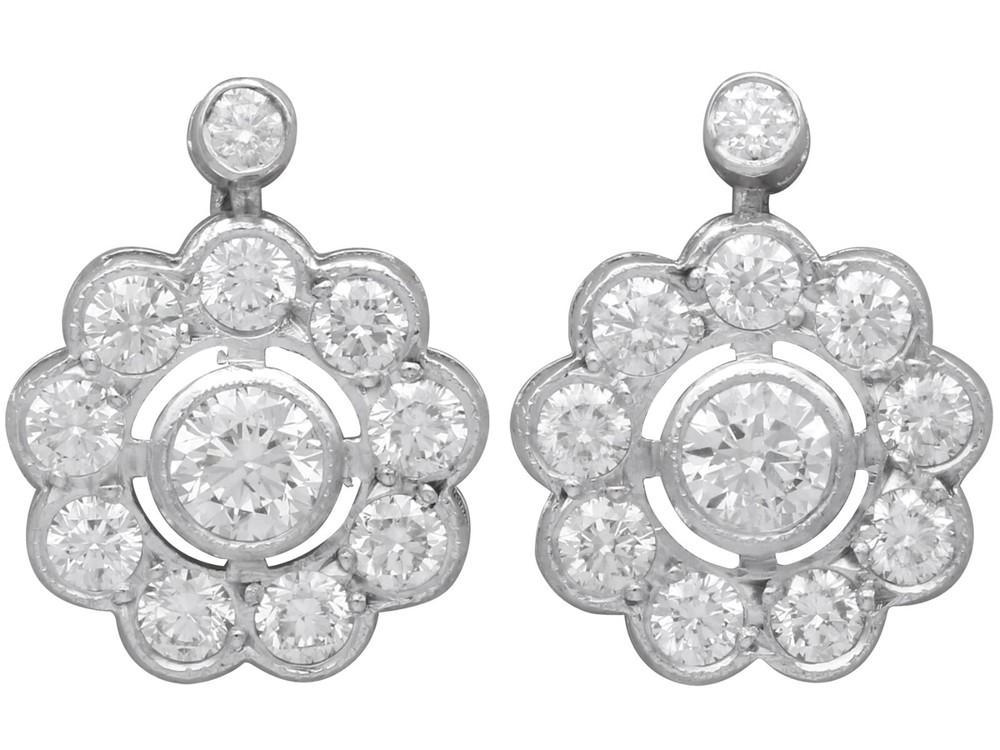 Antique 2.25Ct Diamond and 18k White Gold Cluster Earrings Circa 1930