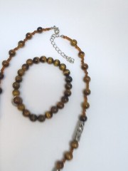 Tigers Eye Pendant Necklace 18″ Silver Tone Octagon Brown Gemston & Bracelet Set