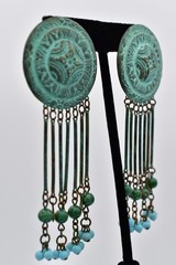 Vintage Verdigris Patina Beaded Chandelier Earrings Dangle Fringe 1970s BinAV