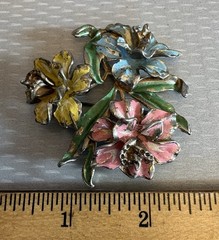 Vintage Pot Metal Enamel Orchid Flower Bouquet Brooch Pink Yellow Blue Green
