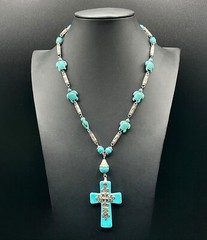 Vintage CHINESE TURQUOISE CROSS Turtles Necklace 20” 70s EUC 🔥!SALE!🔥