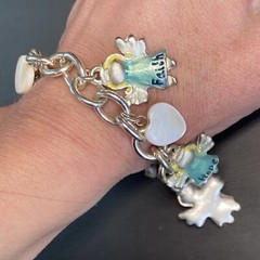 Love Hope Faith Angels Mother of Pearl Hearts Vintage Charm Blue Enamel Bracelet
