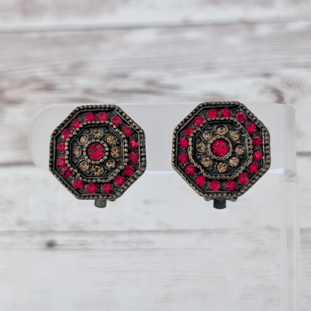 Vintage Clip On Earrings Red & Brown Gems Octagon
