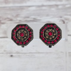 Vintage Clip On Earrings Red & Brown Gems Octagon