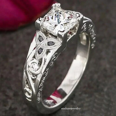 Art Deco Princess Lab Created Diamond & Onyx 14K White Gold FN Engagement Ring