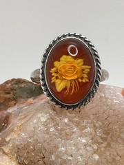 925 Sterling Silver Carved Rose Baltic Amber RING Size 7.25 Estate Vintage