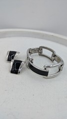 Vintage MONET Bracelet Earrings Set Black Enamel Silver Tone Modernist Demi Paru