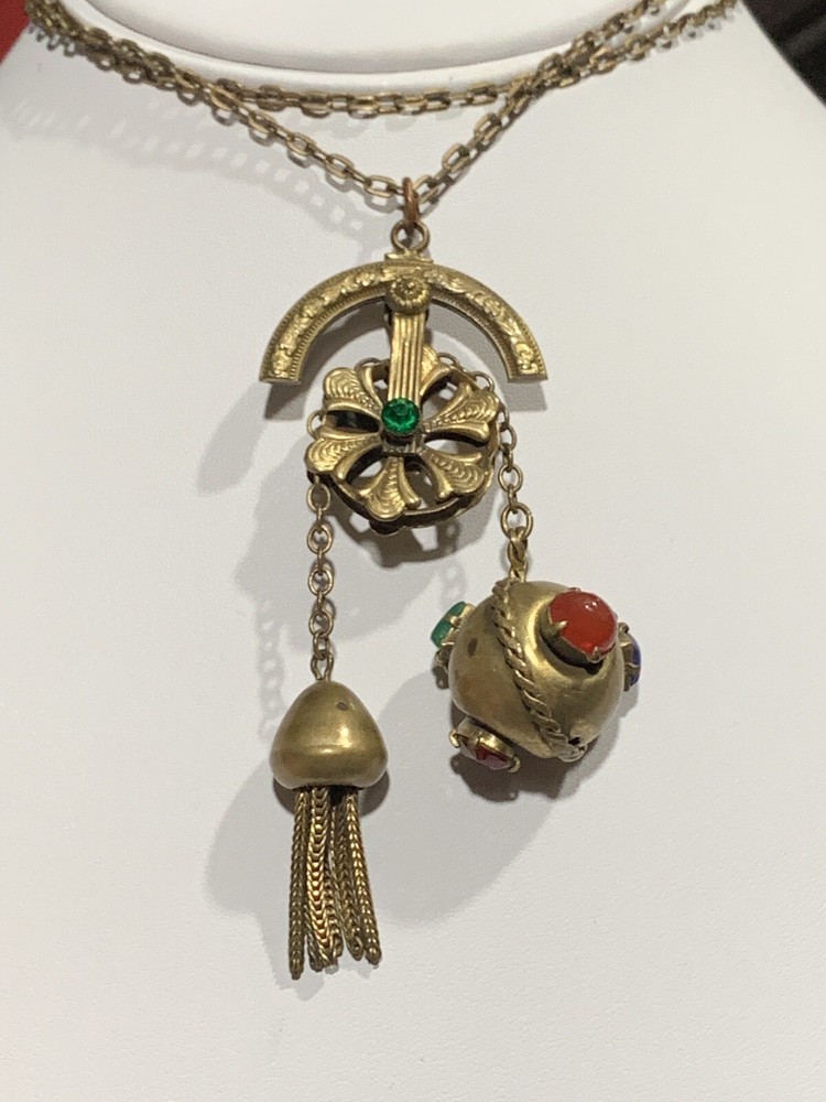 RARE Antique Brass CZECH Unique Necklace Tassel Stone Chatelaine Pulley Fob