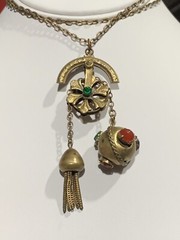 RARE Antique Brass CZECH Unique Necklace Tassel Stone Chatelaine Pulley Fob