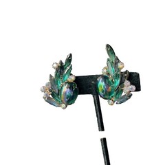 Hattie Carnegie Iridescent Peacock Colored Climber Clip On Earrings Signed