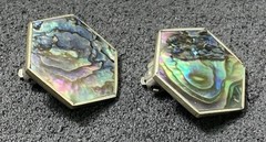 Alpaca Silver Hexagon Abalone Clip-on Earrings, Vintage! Unique! Unsigned!