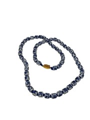 Chinese Export Blue White Porcelain Bead Necklace Gold Clasp Hand Painted Vintag