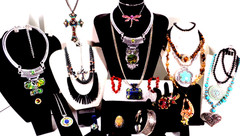 Chunky Mix Blue Red Rhinestone Figural Stone Necklace Bracelet 22 Pc Jewelry Lot