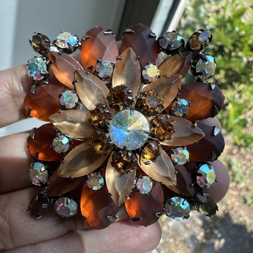 Vintage Flower Brooch 2 Inch Satin Amber Acrylic Layered Tiered Aurora Borealis