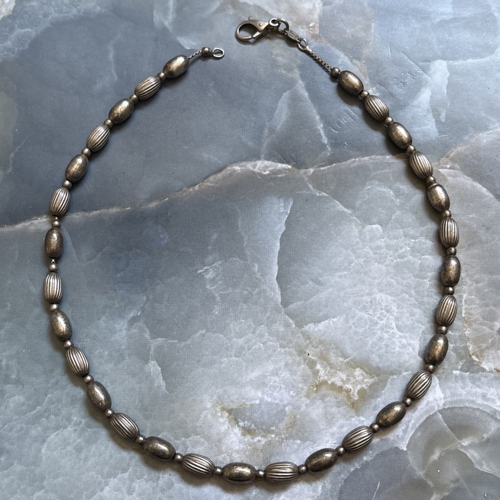 Vintage GI Italy Sterling Silver Corrugated Bead Necklace 16.5 Inches 24.4 Grams