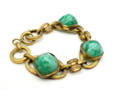 Antique Peking Glass High Cabochon Brass Chain Link Bracelet AS IT
