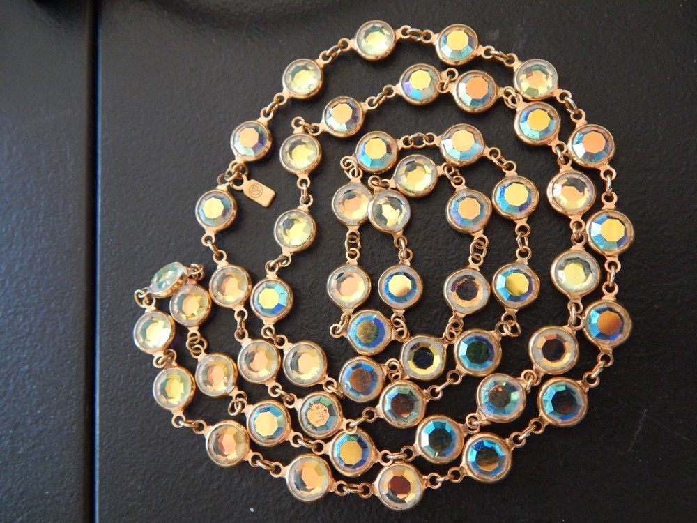 Vintage SWAROVSKI AB/ Aurora Borealis Crystal Open Bezel Necklace 35″