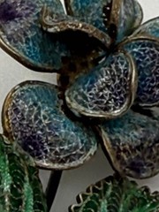 Antique 800 Silver Enamel Filigree Floral Brooch Trombone Clasp Cont’l – c1900