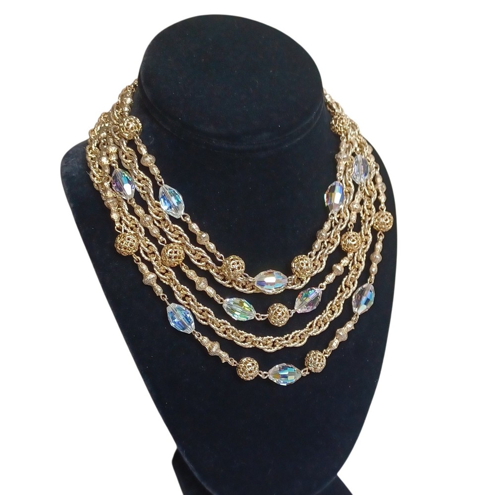 Vintage AB Crystal Glass Bead Multi Strand Gold Tone Bib Necklace 1950s 1960s