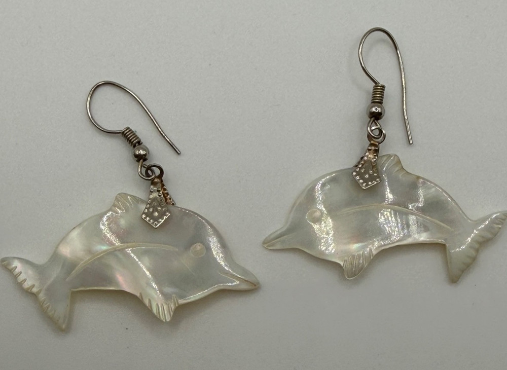 WHITE MOTHER-OF-PEARL DOLPHIN CHARM WIRE EARRINGS VINTAGE