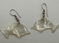 WHITE MOTHER-OF-PEARL DOLPHIN CHARM WIRE EARRINGS VINTAGE