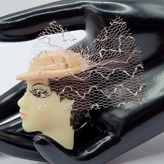 Painted Lady Face with Pink Hat and Veil Short Hair Brunette Vintage Brooch Pin