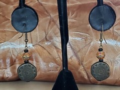 VINTAGE 2″ ANTIQUED BRONZE & CLOISONNE BEAD DROP DANGLE PIERCED EARRINGS