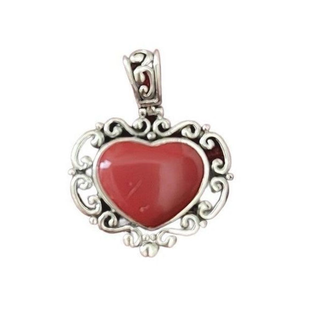 Antique 925 Silver Scrollwork Red Enamel Cabochon Heart Pendant — See Pics!