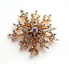 HUGE Vintage AB Glass Rhinestone Snowflake Brooch Articulated Gold Tone 3.5in