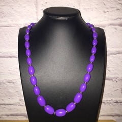 Vintage Beaded Necklace Gold Tone Purple Acrylic Bead Strand Jewelry