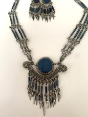 Vintage Peruvian Alpaca Metal Necklace & Pierced Earring Set Dangles Blue Stone