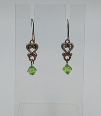 VTG 925 Green Bicone Crystal Earrings 1.25in Drop Sterling Silver Heart Scroll